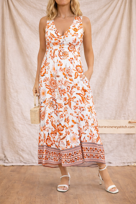 Floral Maxi Dress with Sleeveless V-Neck and Button Detail – Relaxed Flowy Fit