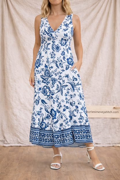 Floral Maxi Dress with Sleeveless V-Neck and Button Detail – Relaxed Flowy Fit