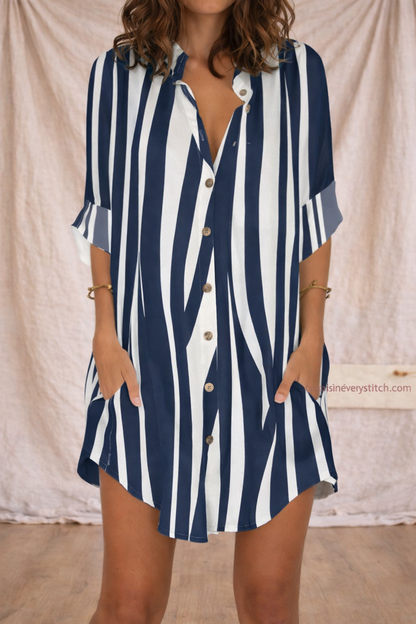 Camo Print Shirt Dress with V-Neck and Roll-Up Sleeves – Relaxed Flowy Fit