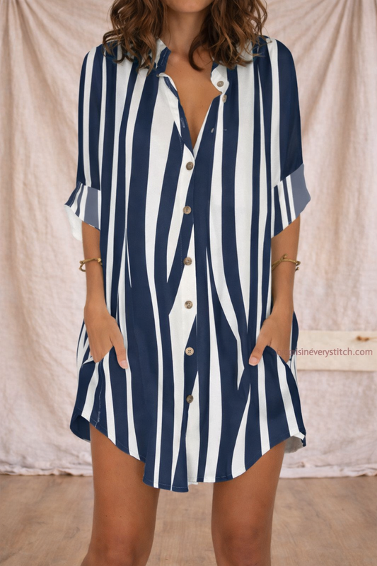 Camo Print Shirt Dress with V-Neck and Roll-Up Sleeves – Relaxed Flowy Fit