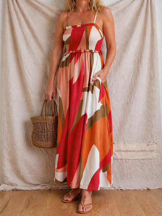 Strapless Maxi Dress with Abstract Print – Relaxed Flowy Fit
