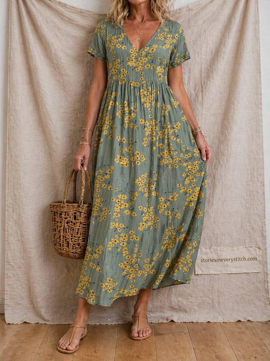 Floral Maxi Dress with V-Neck and Flutter Sleeves – Relaxed Flowy Fit