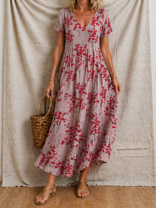 Floral Maxi Dress with V-Neck and Flutter Sleeves – Relaxed Flowy Fit