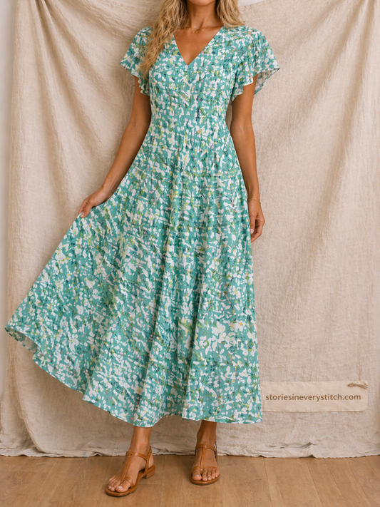 Floral Maxi Dress with V-Neck and Flutter Sleeves – Relaxed Flowy Fit