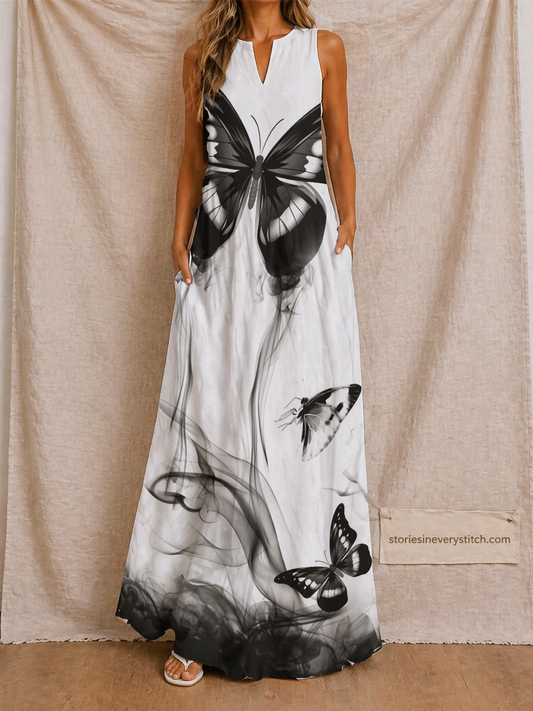 Butterfly Print Maxi Dress with Sleeveless V-Neck Design – Relaxed Flowy Fit