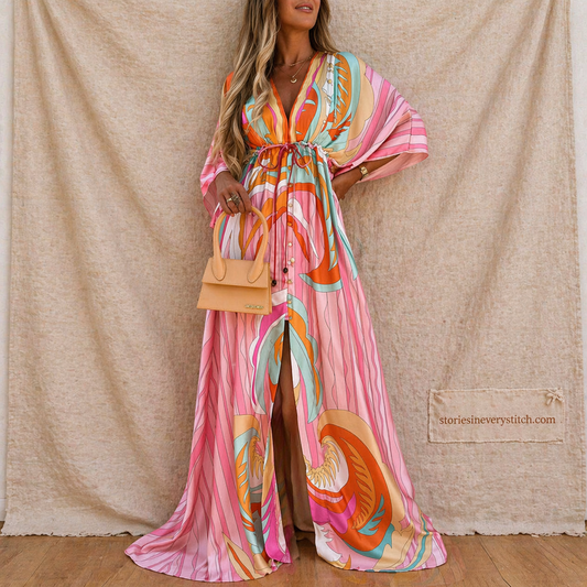 Abstract Print Maxi Dress with Long Sleeves and Belt – Relaxed Flowy Fit