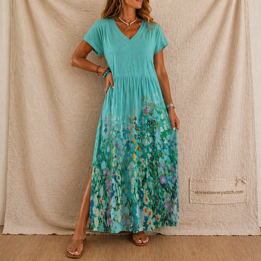 Gradient Floral Maxi Dress with Short Sleeves and V-Neck – Relaxed Flowy Fit