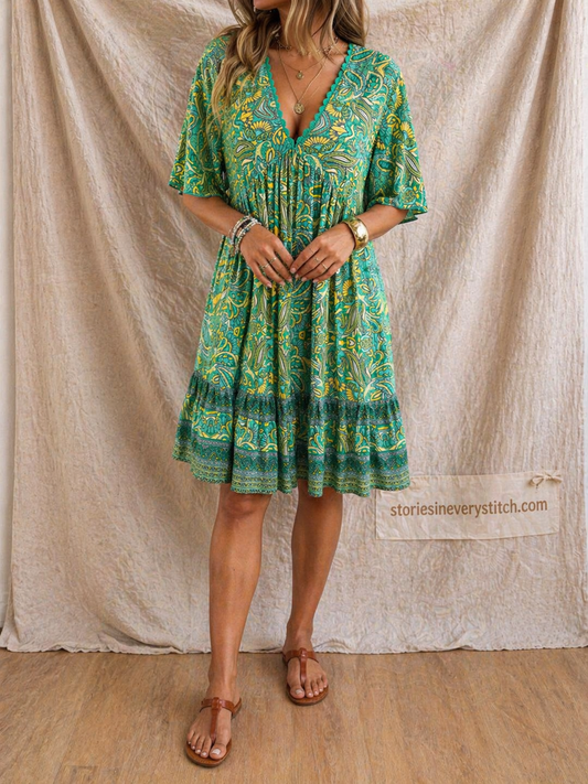 Boho Printed Mini Dress with V-Neck and Short Sleeves – Relaxed Flowy Fit