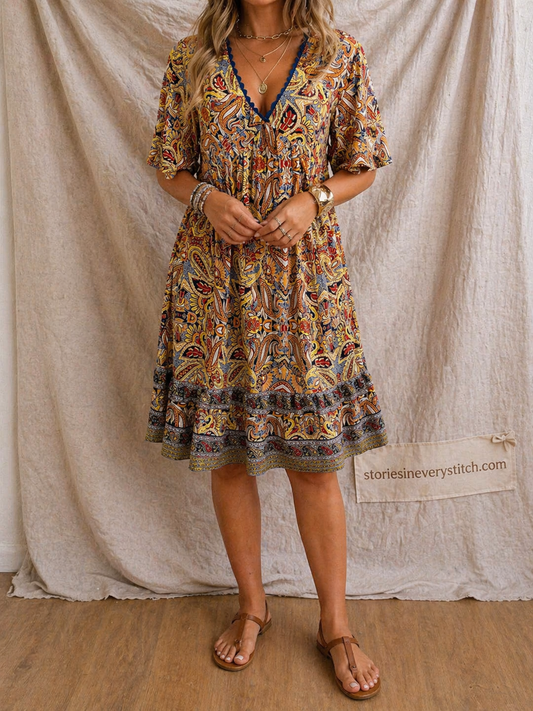 Boho Printed Mini Dress with V-Neck and Short Sleeves – Relaxed Flowy Fit