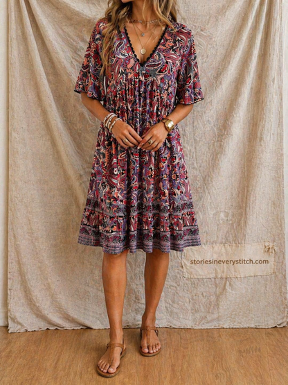 Boho Printed Mini Dress with V-Neck and Short Sleeves – Relaxed Flowy Fit