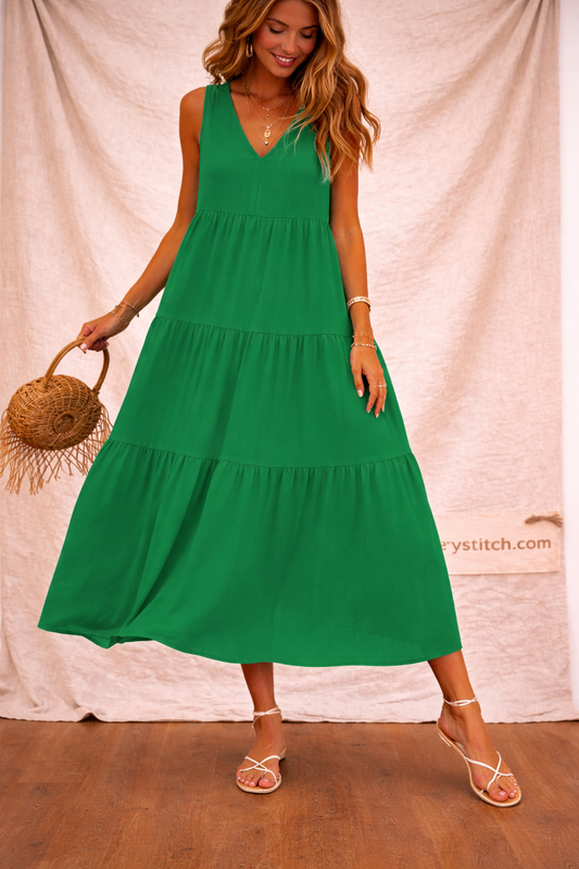 Tiered Midi Dress with V-Neck and Sleeveless Design – Relaxed Flowy Fit