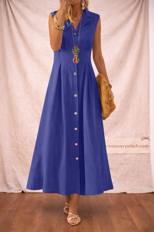 Button Front Midi Dress with Sleeveless V-Neck Design – Relaxed Flowy Fit