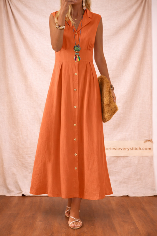 Button Front Midi Dress with Sleeveless V-Neck Design – Relaxed Flowy Fit