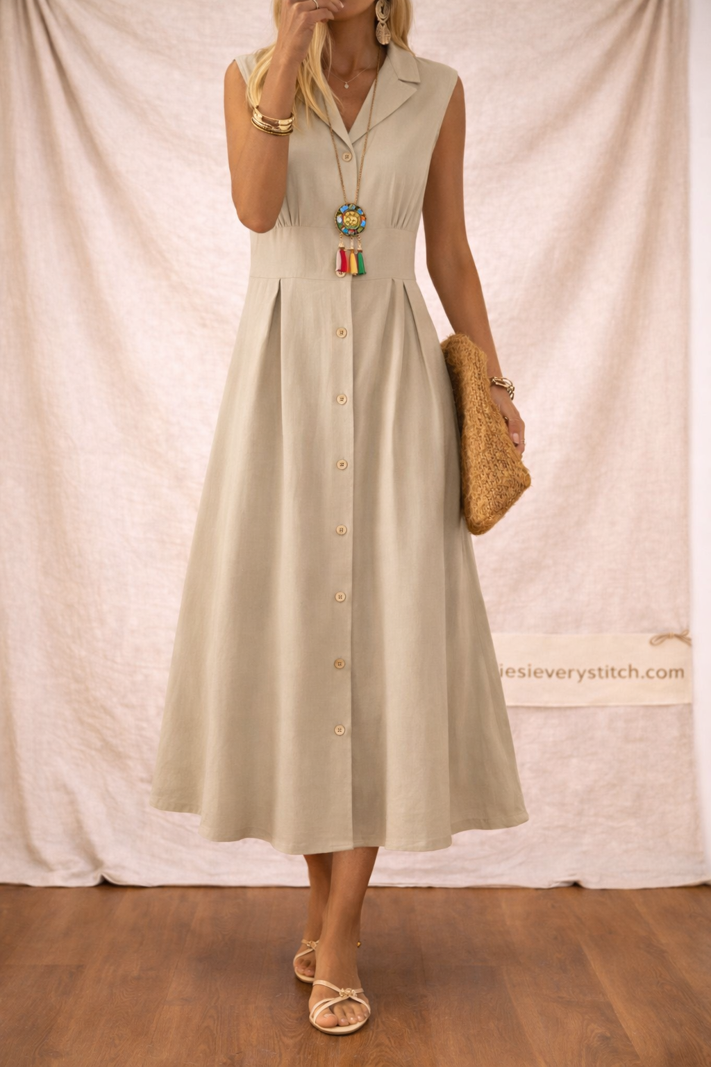 Button Front Midi Dress with Sleeveless V-Neck Design – Relaxed Flowy Fit