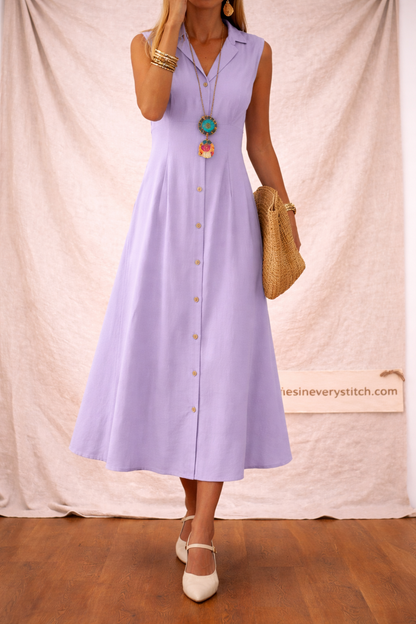 Button Front Midi Dress with Sleeveless V-Neck Design – Relaxed Flowy Fit