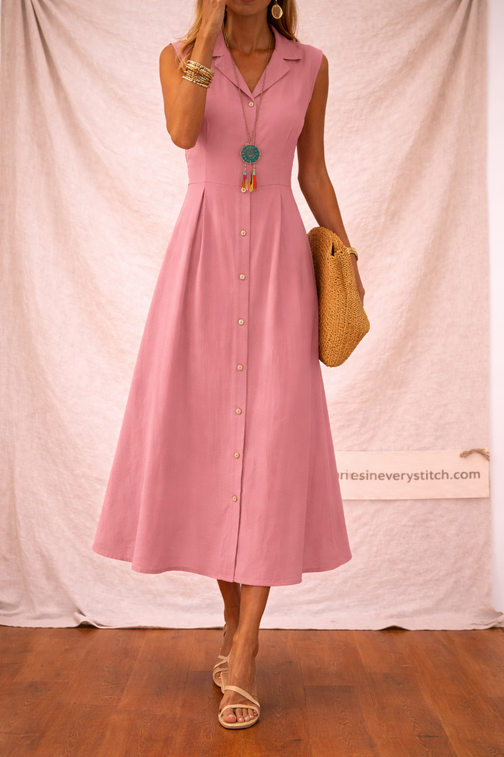 Button Front Midi Dress with Sleeveless V-Neck Design – Relaxed Flowy Fit