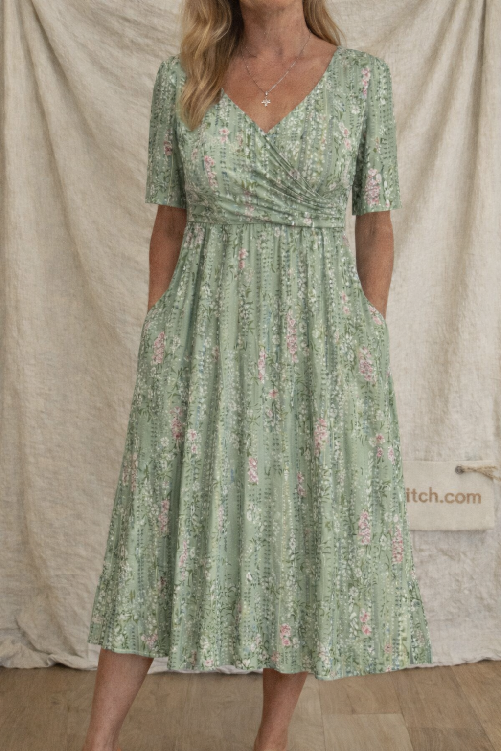 Floral Midi Dress with V-Neck and Short Sleeves – Relaxed Flowy Fit