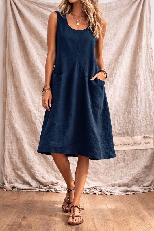 Minimalist Sleeveless Midi Dress with Side Pockets – Lightweight Everyday Style