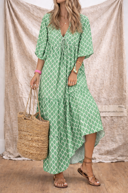 Boho Printed Button-Front Midi Dress with Pockets – Relaxed Flowy Fit