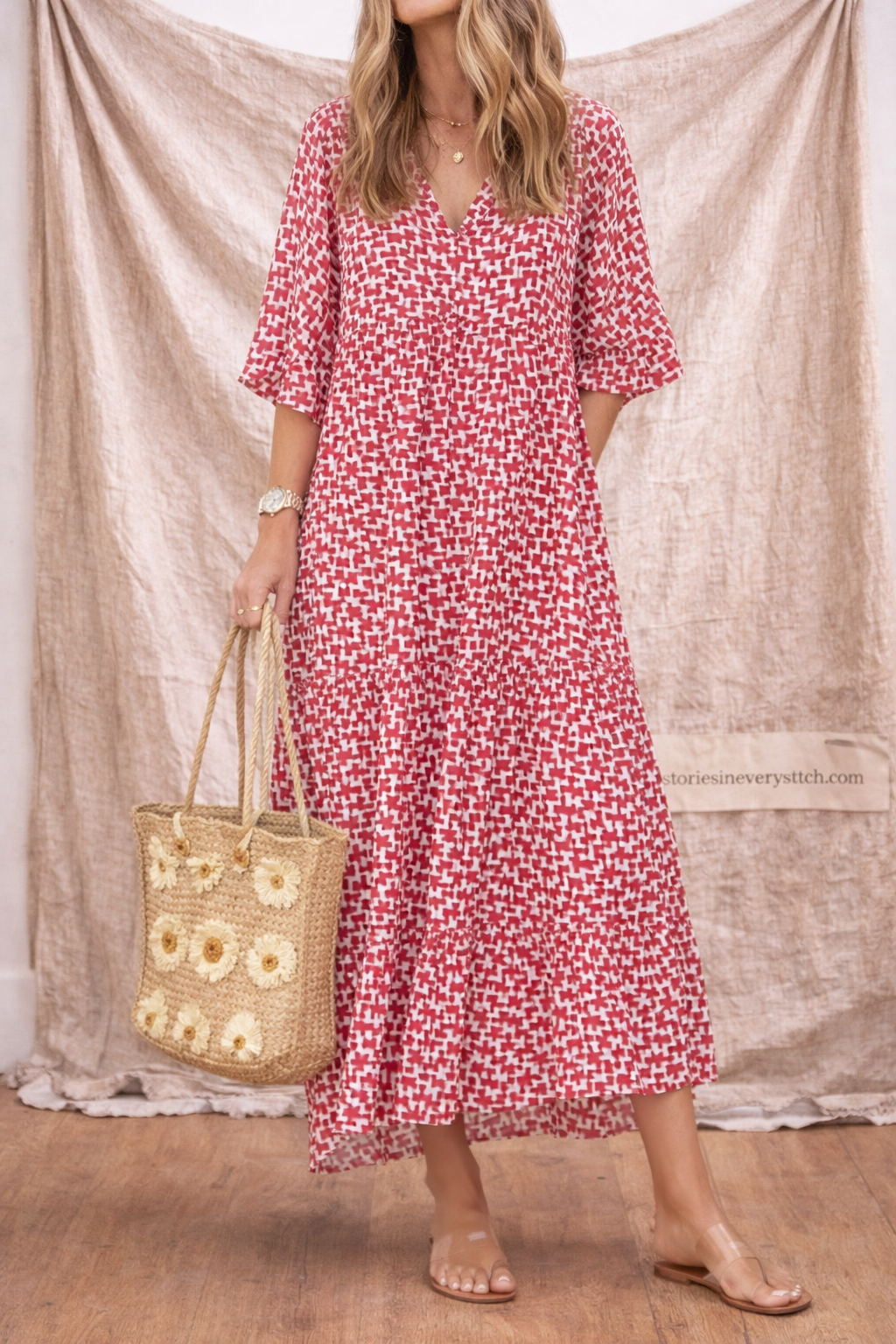 Boho Printed Button-Front Midi Dress with Pockets – Relaxed Flowy Fit