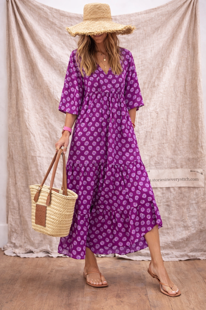 Boho Printed Button-Front Midi Dress with Pockets – Relaxed Flowy Fit