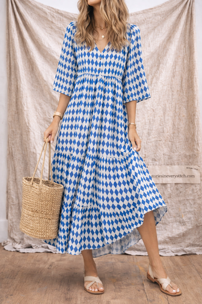Boho Printed Button-Front Midi Dress with Pockets – Relaxed Flowy Fit