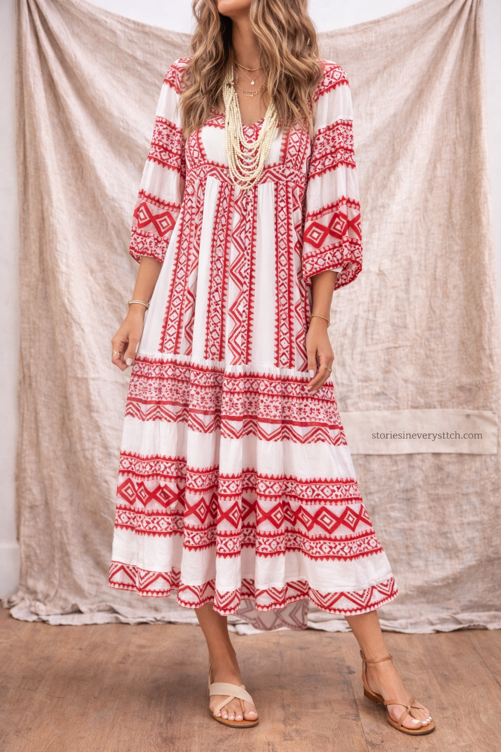 Boho Printed Button-Front Midi Dress with Pockets – Relaxed Flowy Fit
