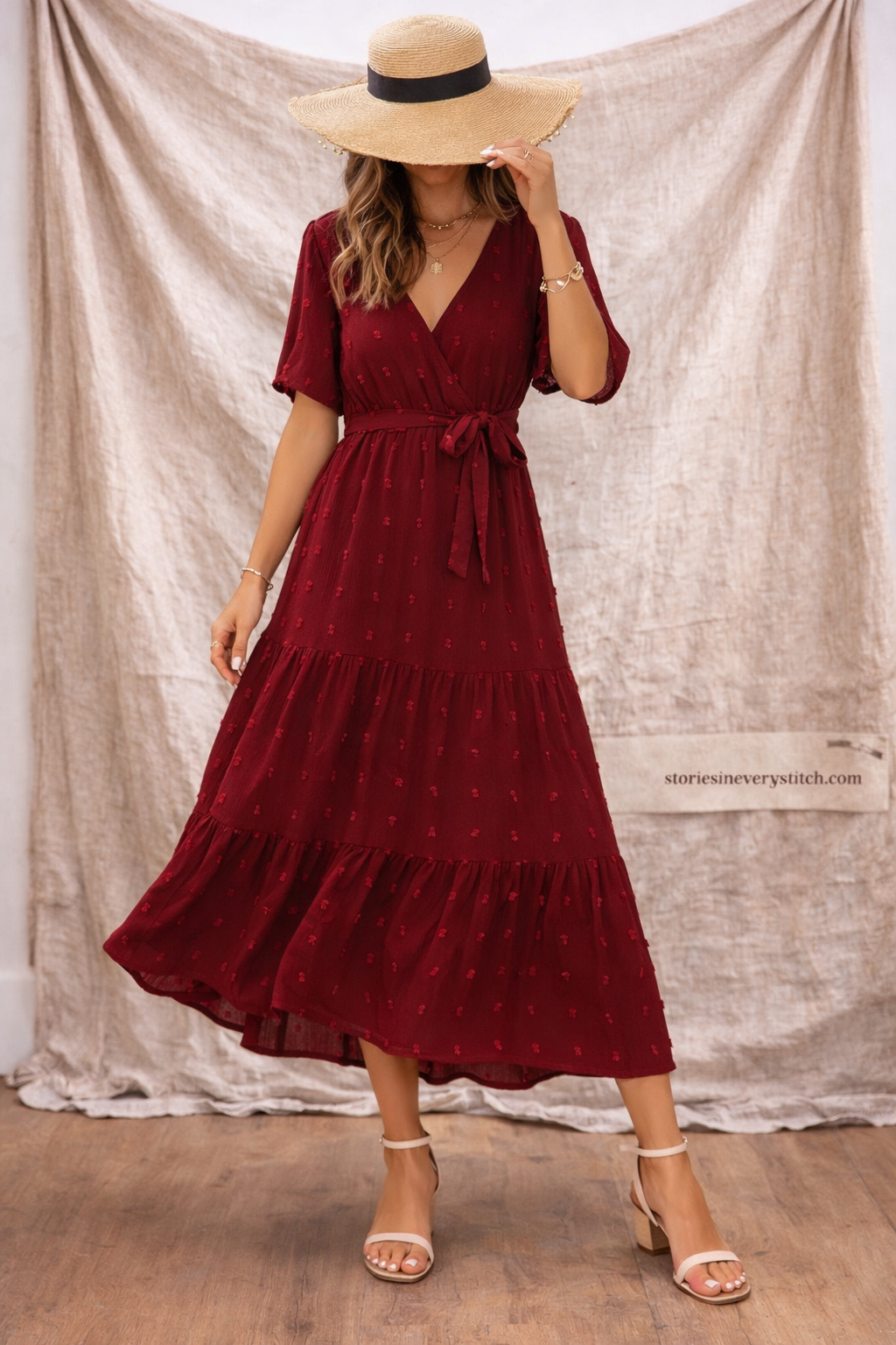 Boho Solid Tiered Midi Dress with V-Neck & Short Sleeves – Flowy Relaxed Fit