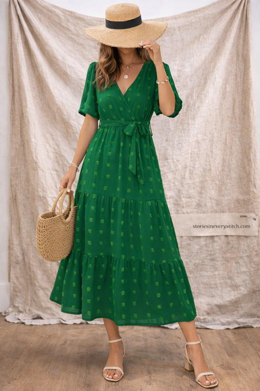 Boho Solid Tiered Midi Dress with V-Neck & Short Sleeves – Flowy Relaxed Fit