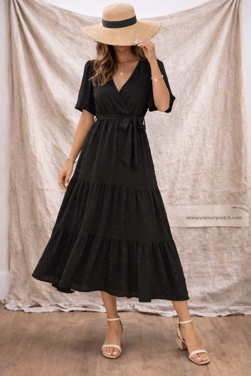 Boho Solid Tiered Midi Dress with V-Neck & Short Sleeves – Flowy Relaxed Fit