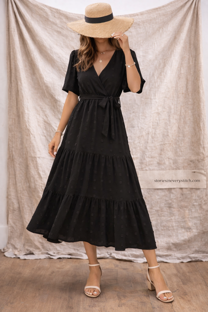 Boho Solid Tiered Midi Dress with V-Neck & Short Sleeves – Flowy Relaxed Fit