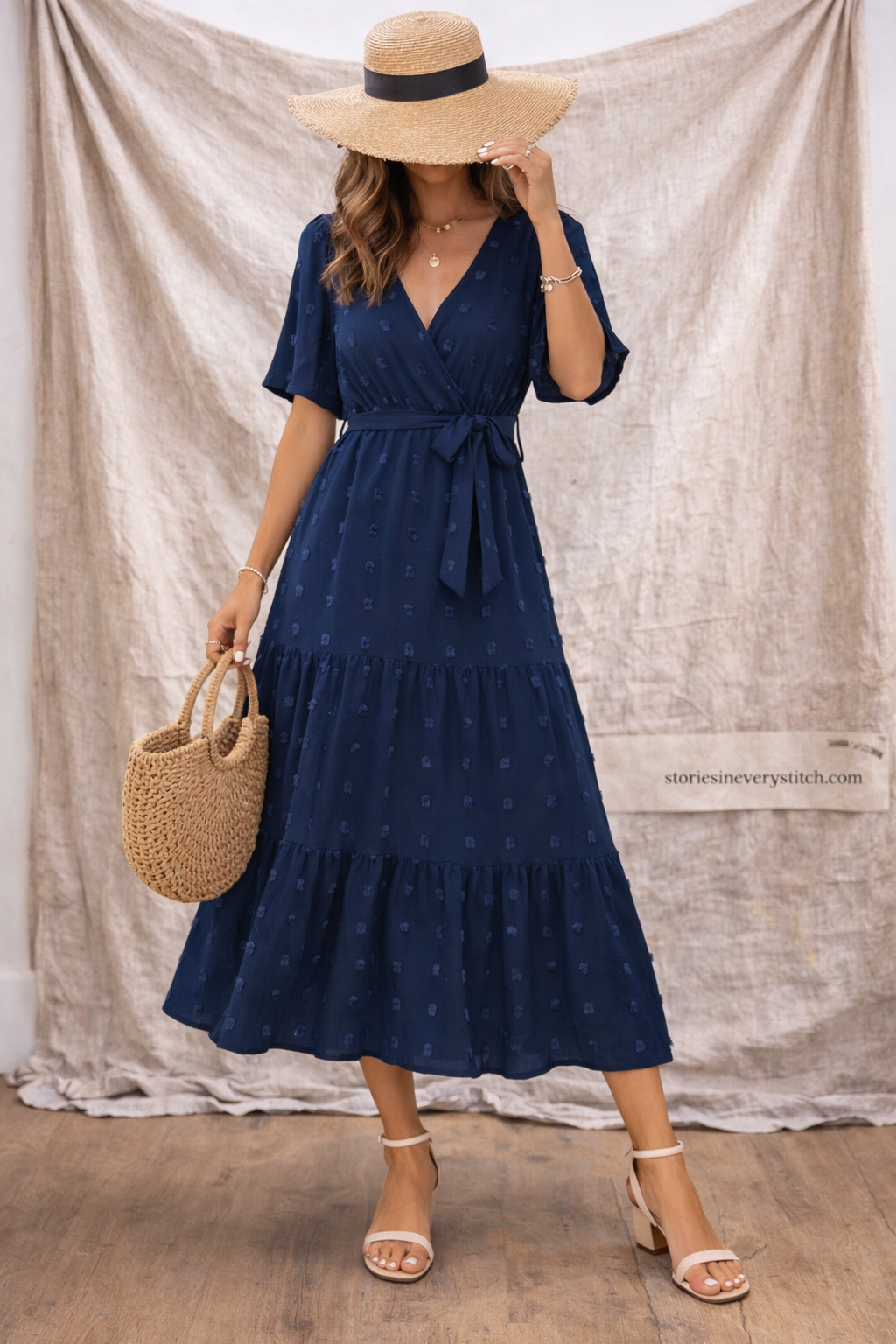 Boho Solid Tiered Midi Dress with V-Neck & Short Sleeves – Flowy Relaxed Fit