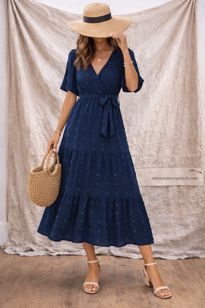 Boho Solid Tiered Midi Dress with V-Neck & Short Sleeves – Flowy Relaxed Fit