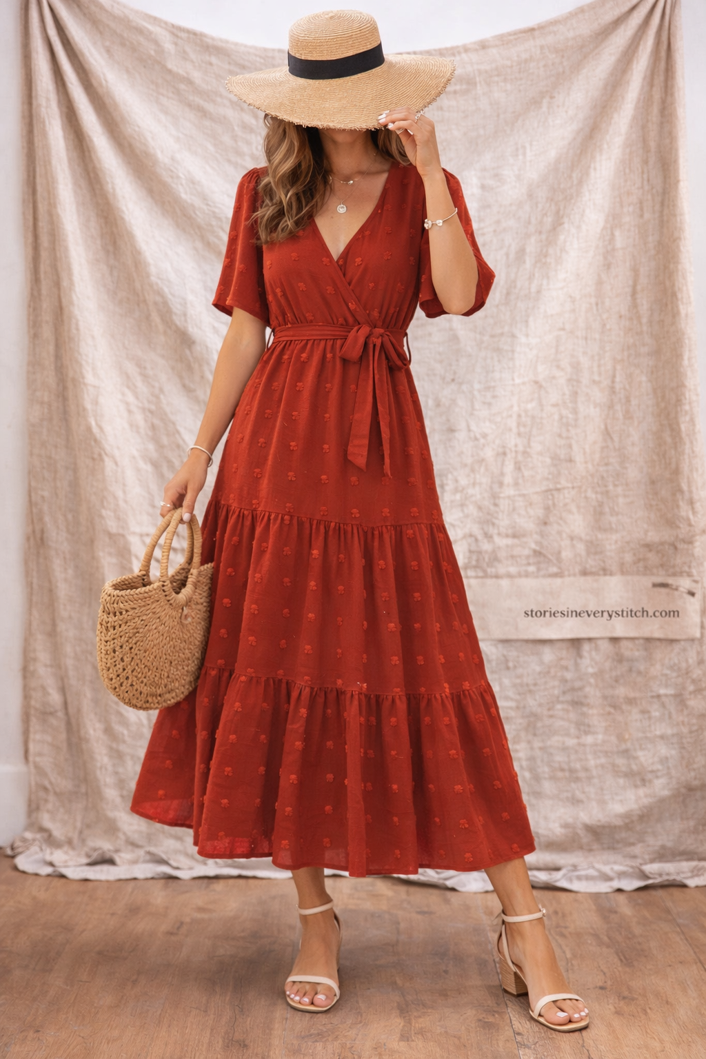 Boho Solid Tiered Midi Dress with V-Neck & Short Sleeves – Flowy Relaxed Fit