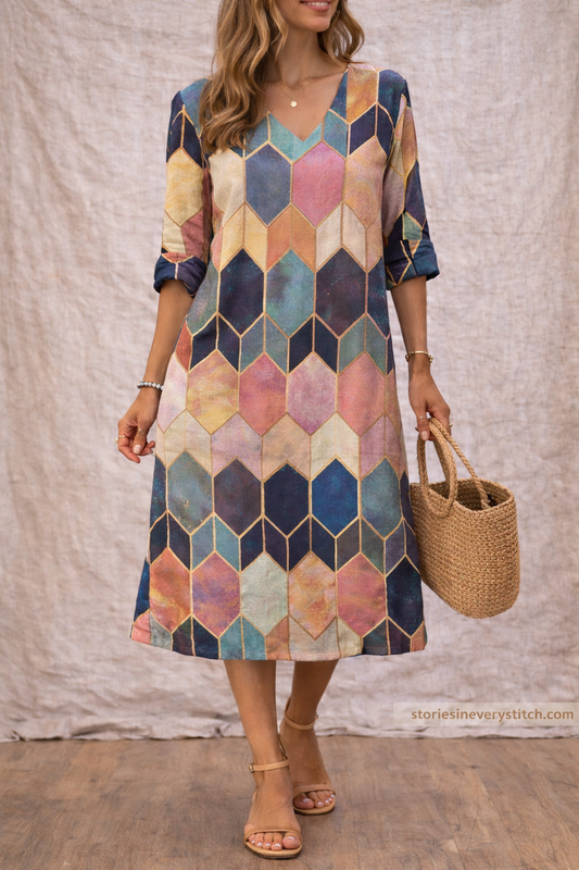 Geometric Print Midi Dress with 3/4 Sleeves – Relaxed Artistic Fit