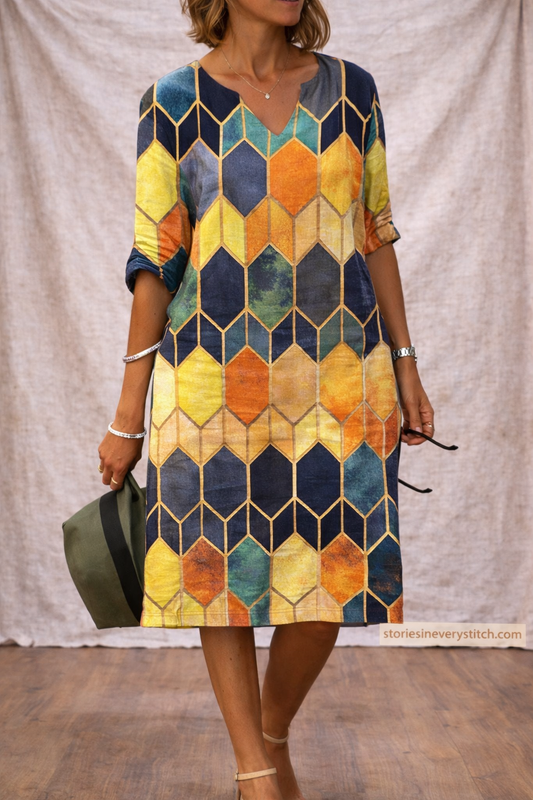 Geometric Print Midi Dress with 3/4 Sleeves – Relaxed Artistic Fit