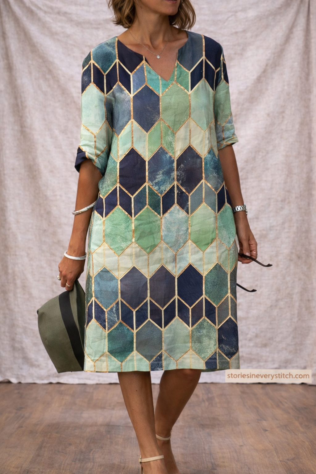 Geometric Print Midi Dress with 3/4 Sleeves – Relaxed Artistic Fit