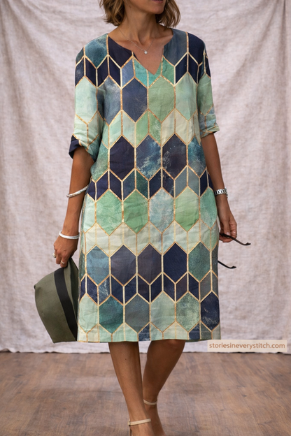 Geometric Print Midi Dress with 3/4 Sleeves – Relaxed Artistic Fit
