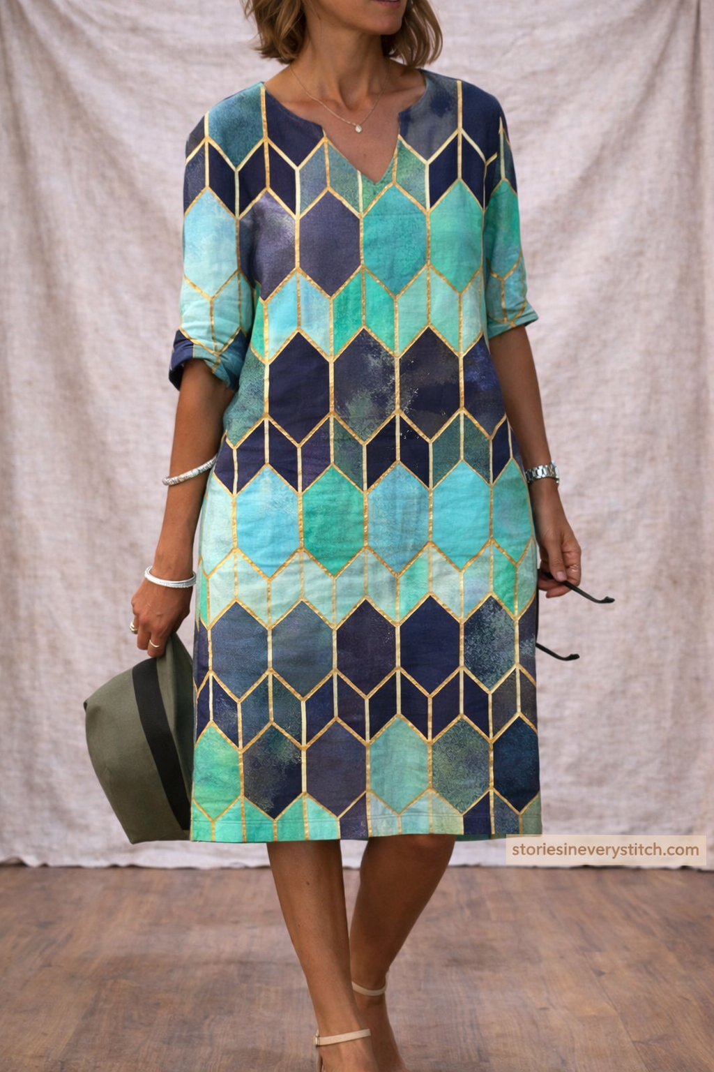 Geometric Print Midi Dress with 3/4 Sleeves – Relaxed Artistic Fit