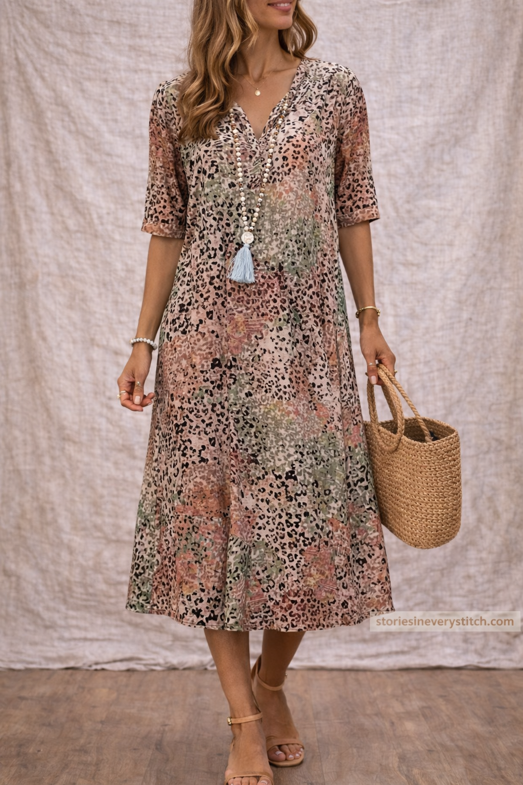 Boho Floral V-Neck Midi Dress with 3/4 Sleeves – Relaxed Flowy Fit