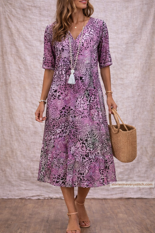 Boho Floral V-Neck Midi Dress with 3/4 Sleeves – Relaxed Flowy Fit