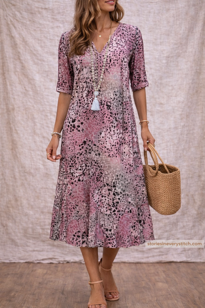 Boho Floral V-Neck Midi Dress with 3/4 Sleeves – Relaxed Flowy Fit