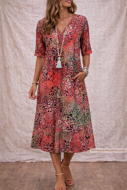 Boho Floral V-Neck Midi Dress with 3/4 Sleeves – Relaxed Flowy Fit