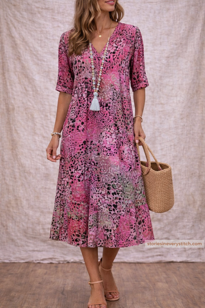 Boho Floral V-Neck Midi Dress with 3/4 Sleeves – Relaxed Flowy Fit