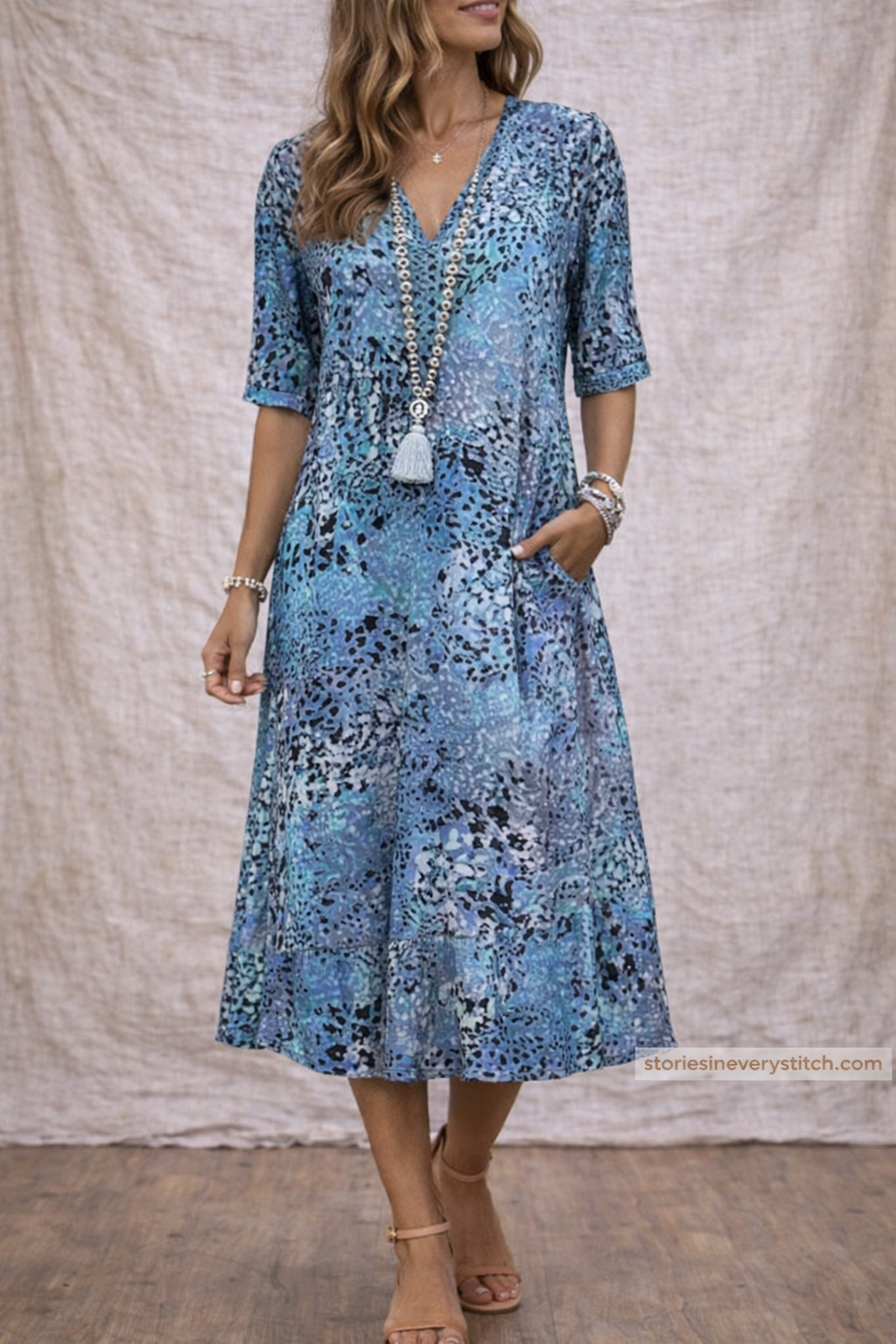 Boho Floral V-Neck Midi Dress with 3/4 Sleeves – Relaxed Flowy Fit