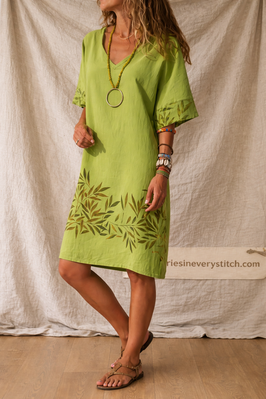 Leaf Print V-Neck Casual Shift Dress