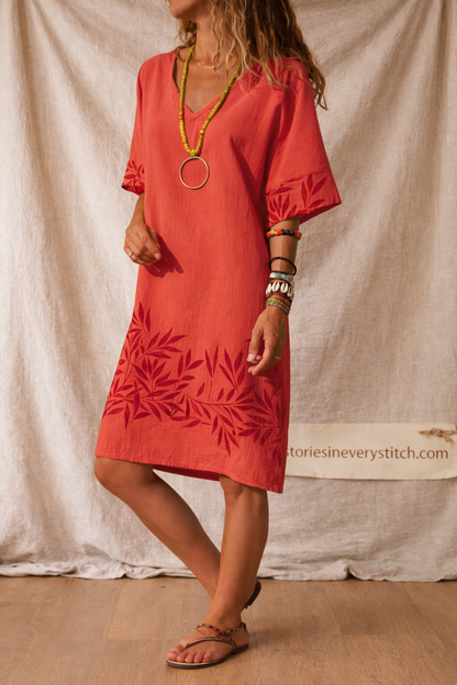 Leaf Print V-Neck Casual Shift Dress