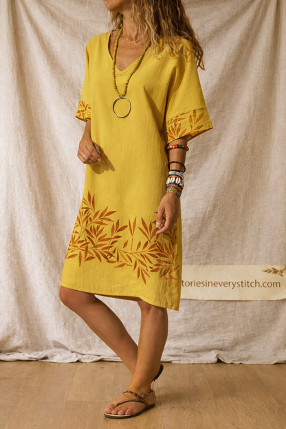 Leaf Print V-Neck Casual Shift Dress