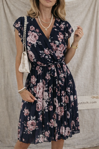 Summer New Waist Floral Pleated Dress Women