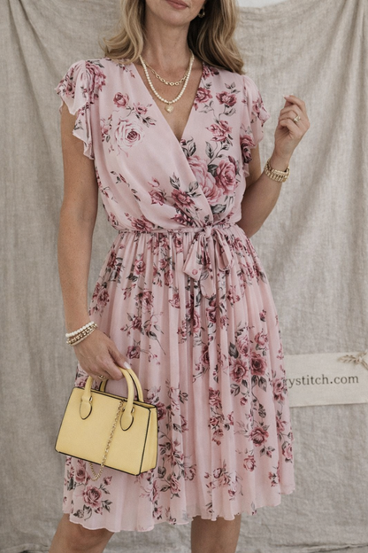 Summer New Waist Floral Pleated Dress Women